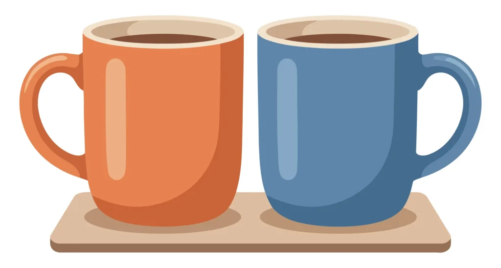 two coffee mugs on a wooden tray, orange and blue vector illustration