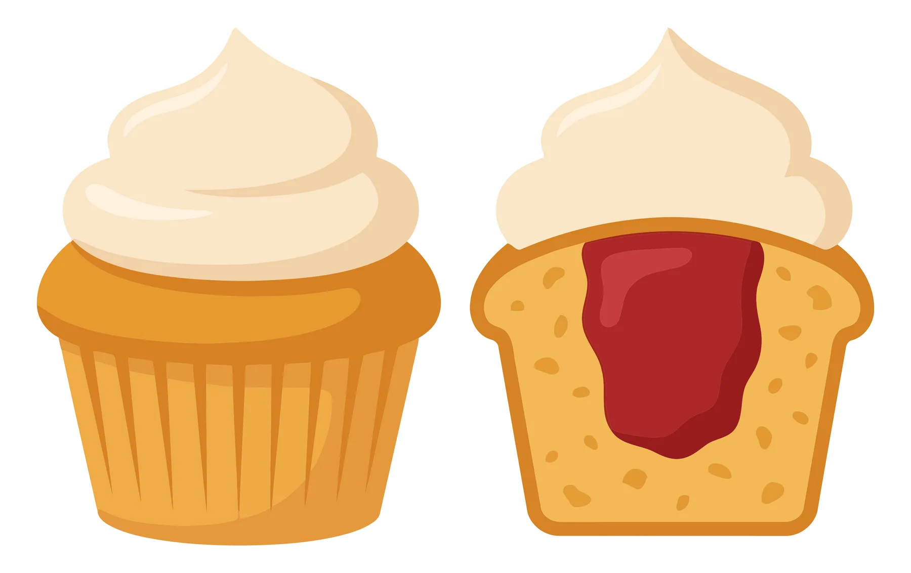two cupcakes, one whole with vanilla frosting and one cut in half revealing a delicious red berry jam filling, sweet dessert illustration is