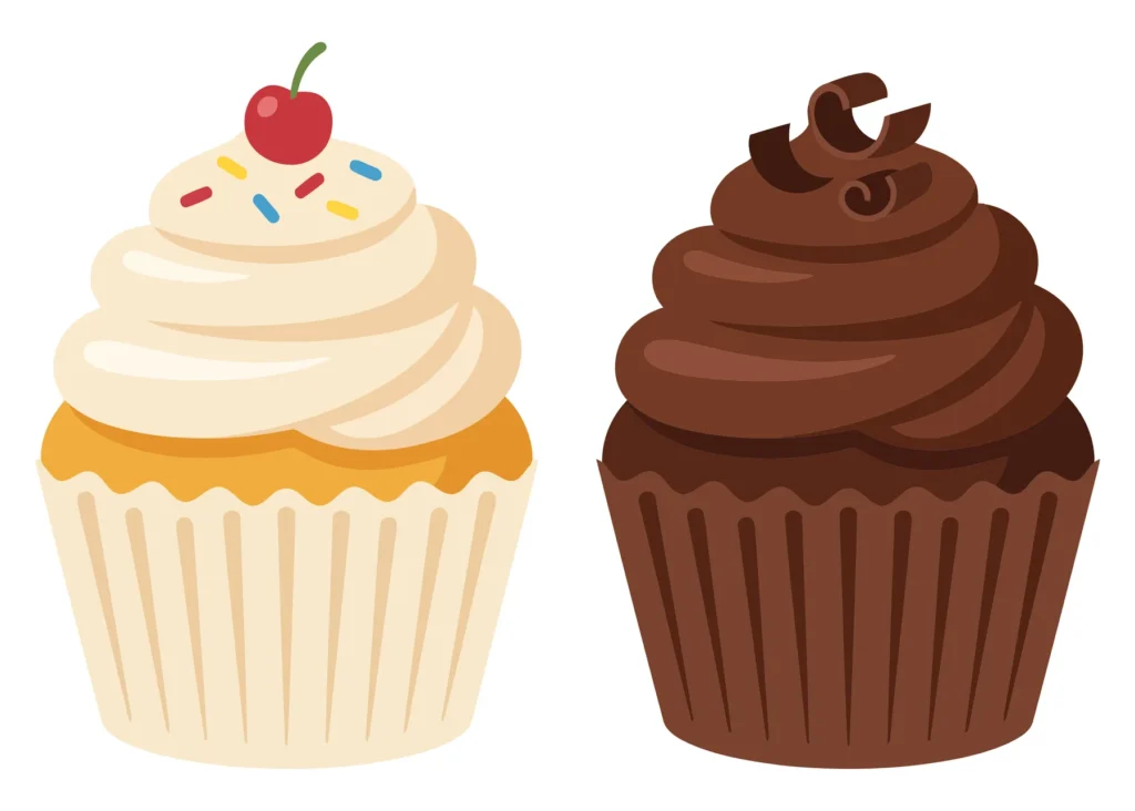 two delicious cupcakes, one vanilla with a cherry and sprinkles and one rich chocolate cupcake with chocolate curls, sweet dessert treats fo