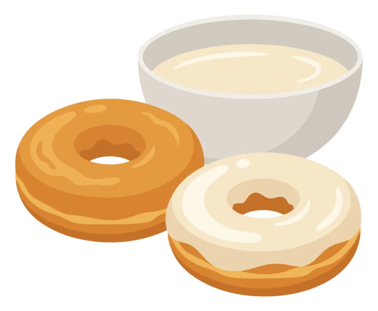 two delicious donuts with different glazes and a bowl of milk, a classic sweet breakfast treat, isolated on white background