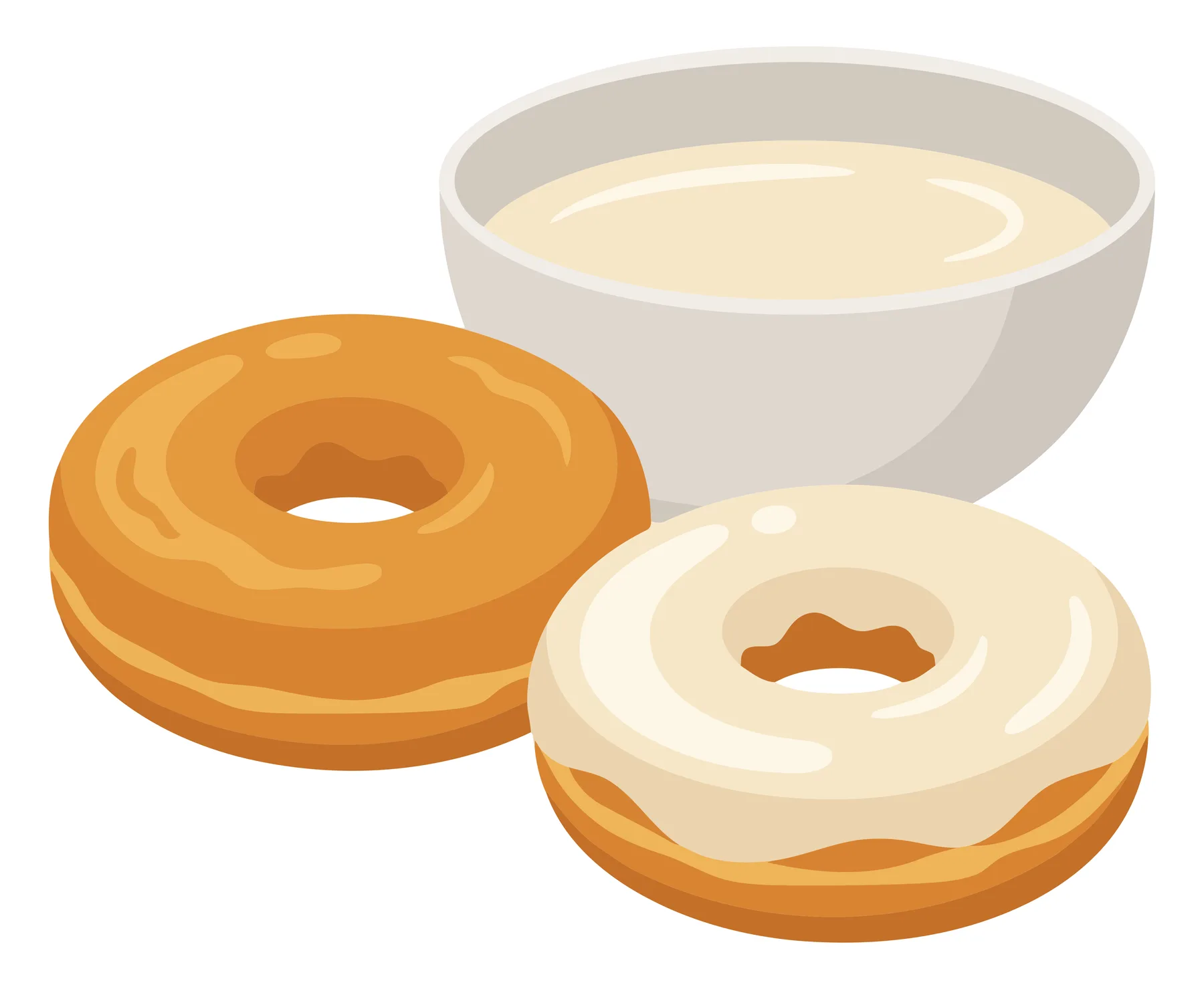 two delicious donuts with different glazes and a bowl of milk, a classic sweet breakfast treat, isolated on white background