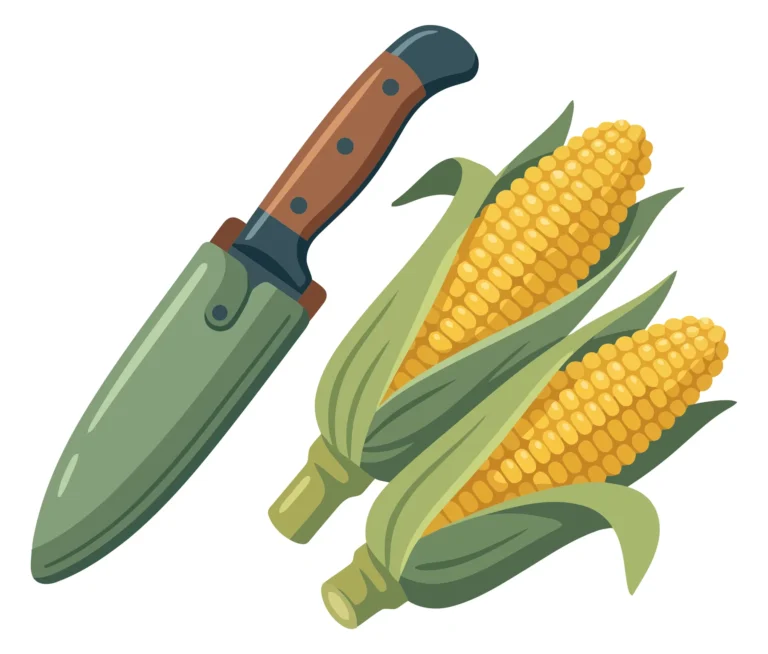 two fresh corn cobs in husks and a knife isolated on white background