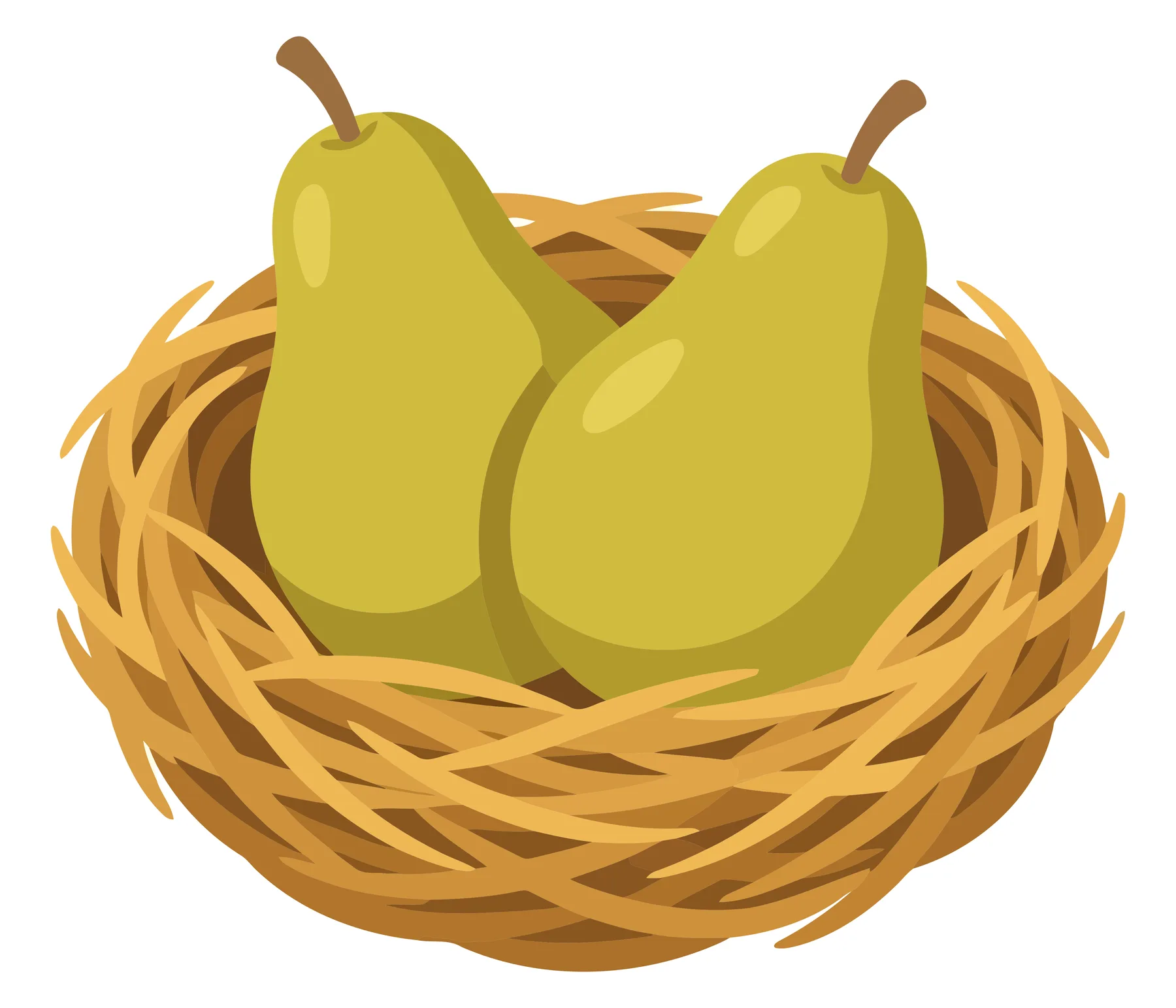 Two Fresh Green Pears in a Woven Straw Nest
