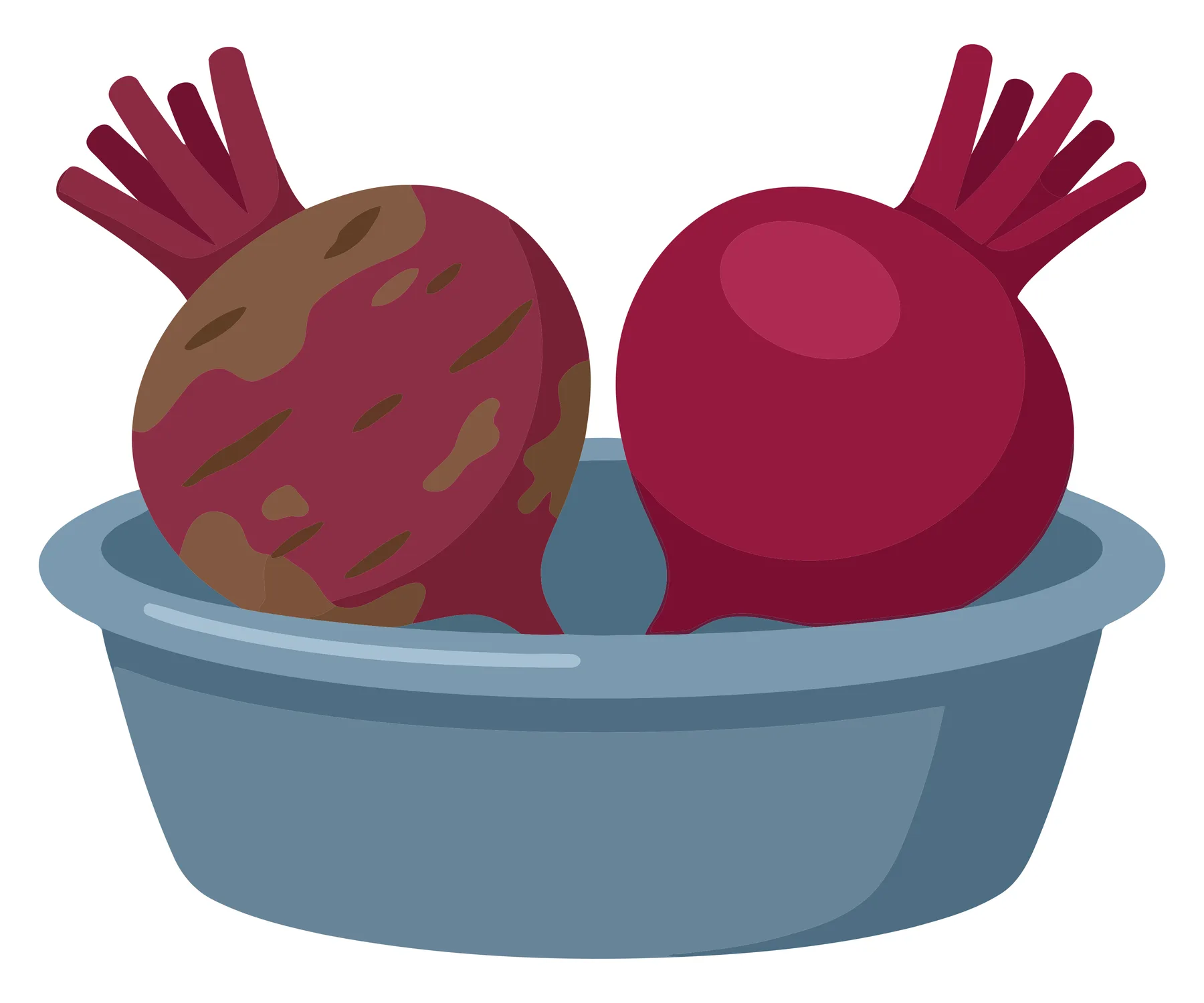 two fresh whole beetroots with green stems placed in a simple grey bowl, vibrant vegetable illustration for healthy food and cooking concept