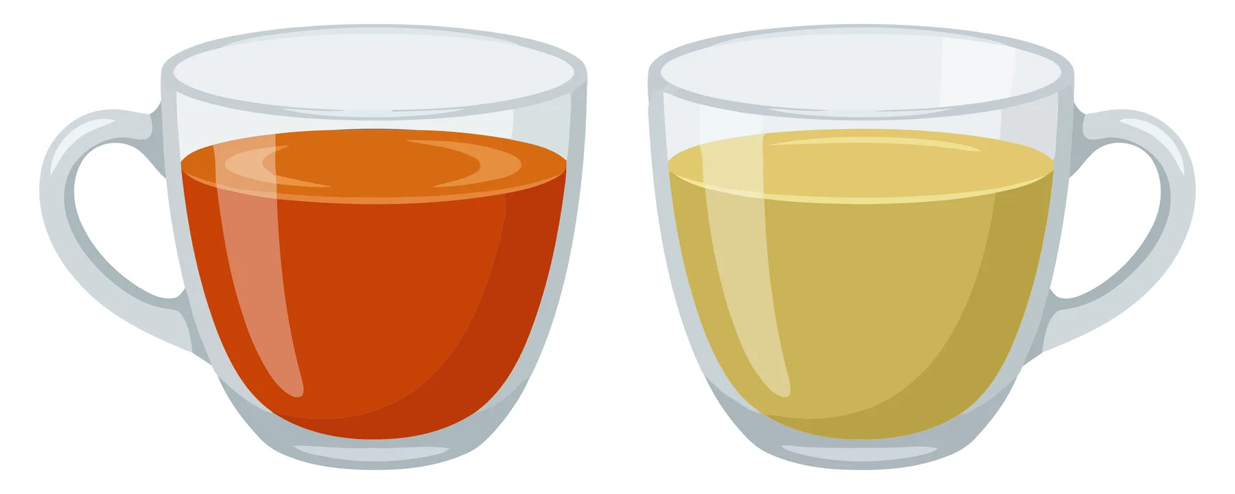 two glass cups filled with different types of tea, one with dark black tea and one with light green tea, isolated on white background