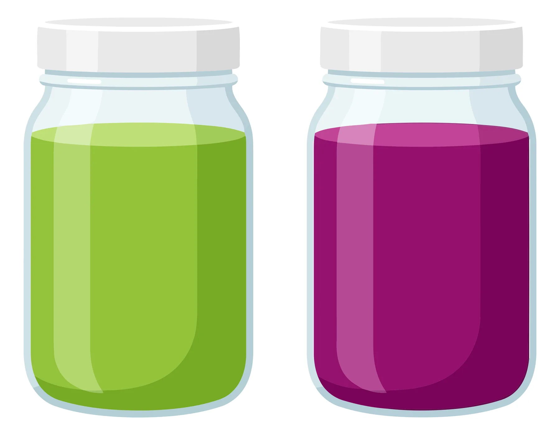 two glass jars filled with green and purple liquid