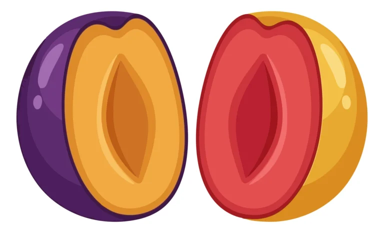 two halved plums showing pits, one purple and one yellow