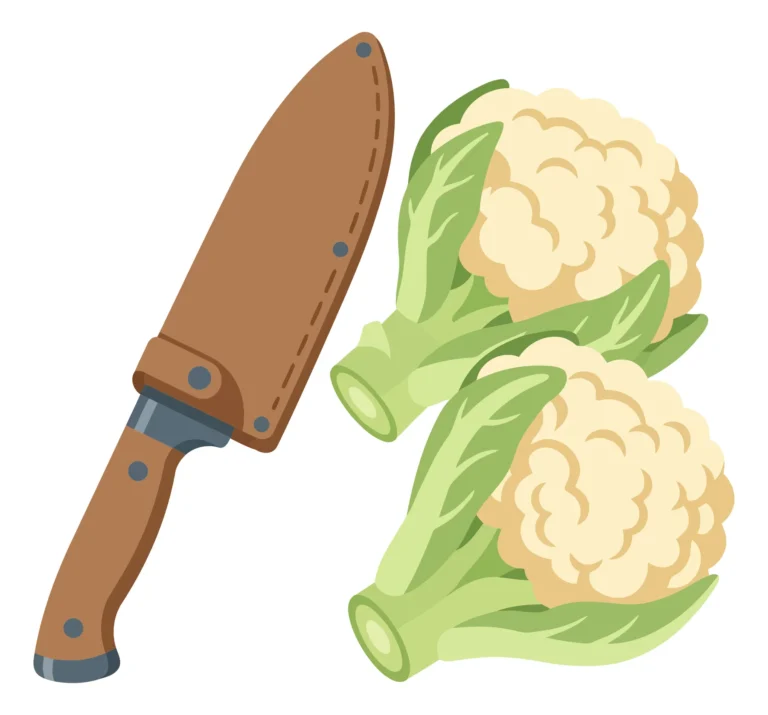 two heads of cauliflower with leaves and a knife in a sheath isolated on white background