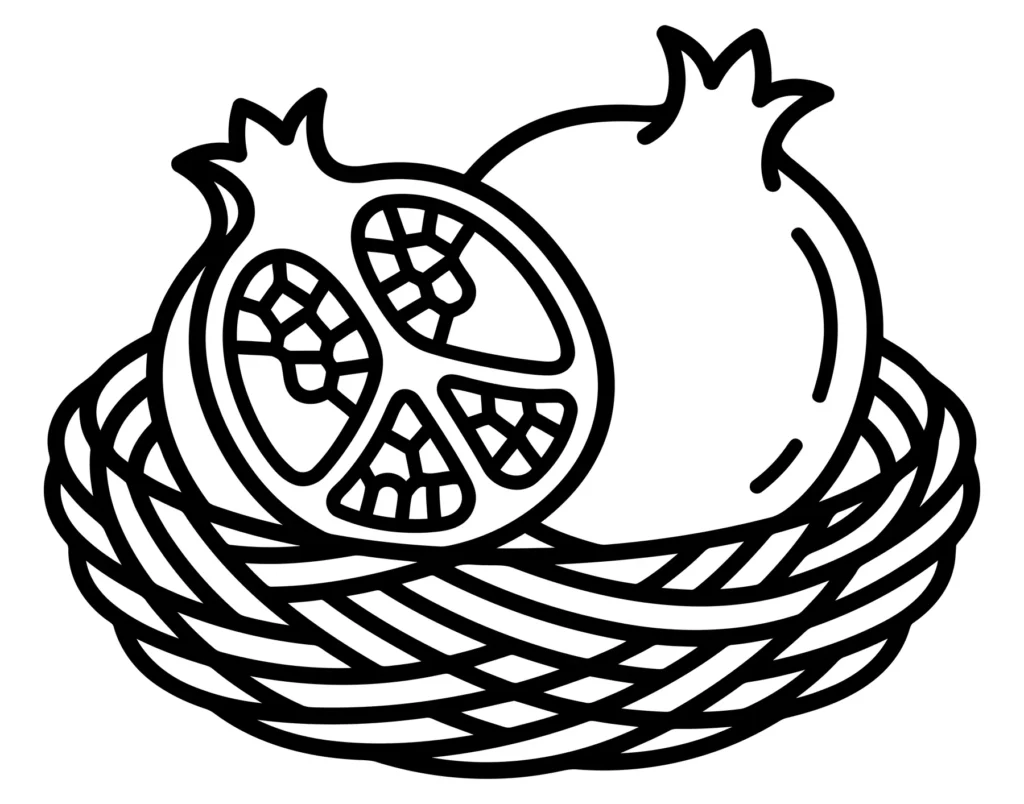 two pomegranates in a woven basket outline vector illustration