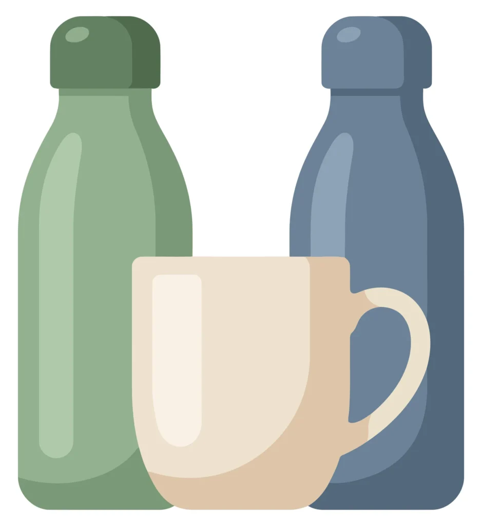 two reusable water bottles and a ceramic mug