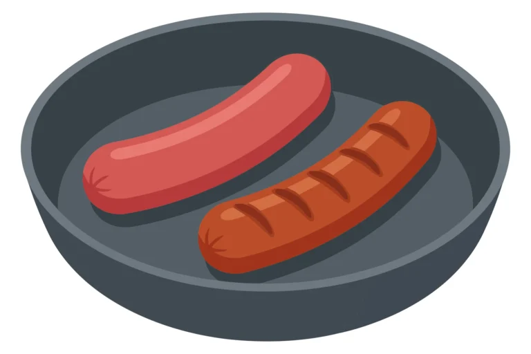 two sausages in a frying pan, one raw and one grilled with char marks, vector illustration of cooking meat food items isolated on white back