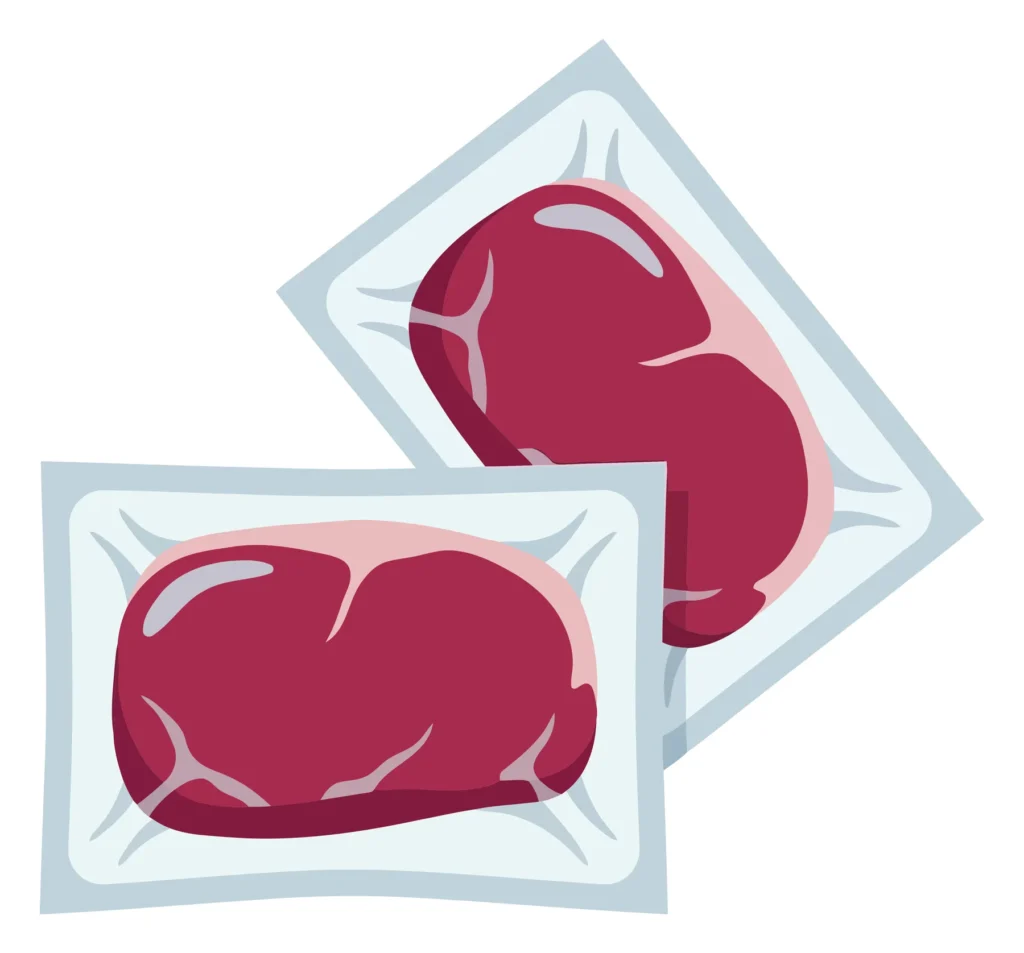 Two Vacuumsealed Raw Beef Steaks In Plastic Packaging, Fresh Red Meat Portions For Cooking Or Grilling, Vector Illustration two vacuumsealed raw beef steaks in plastic packaging, fresh red meat portions for cooking or grilling, vector illustration