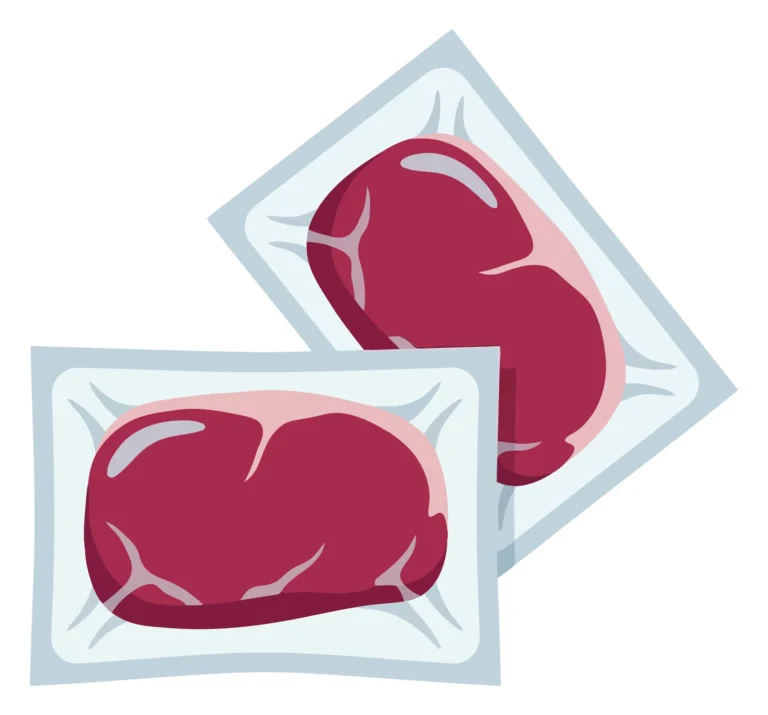 two vacuumsealed raw beef steaks in plastic packaging, fresh red meat portions for cooking or grilling, vector illustration
