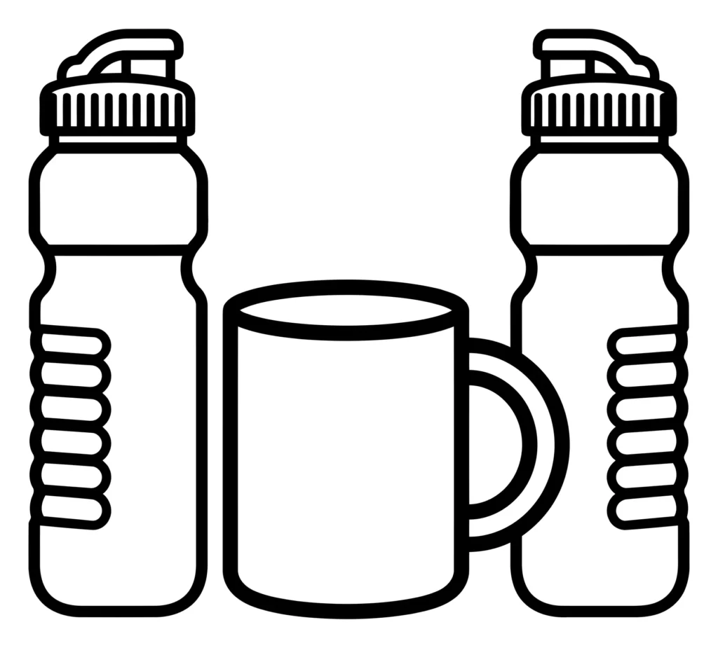 two water bottles and a mug