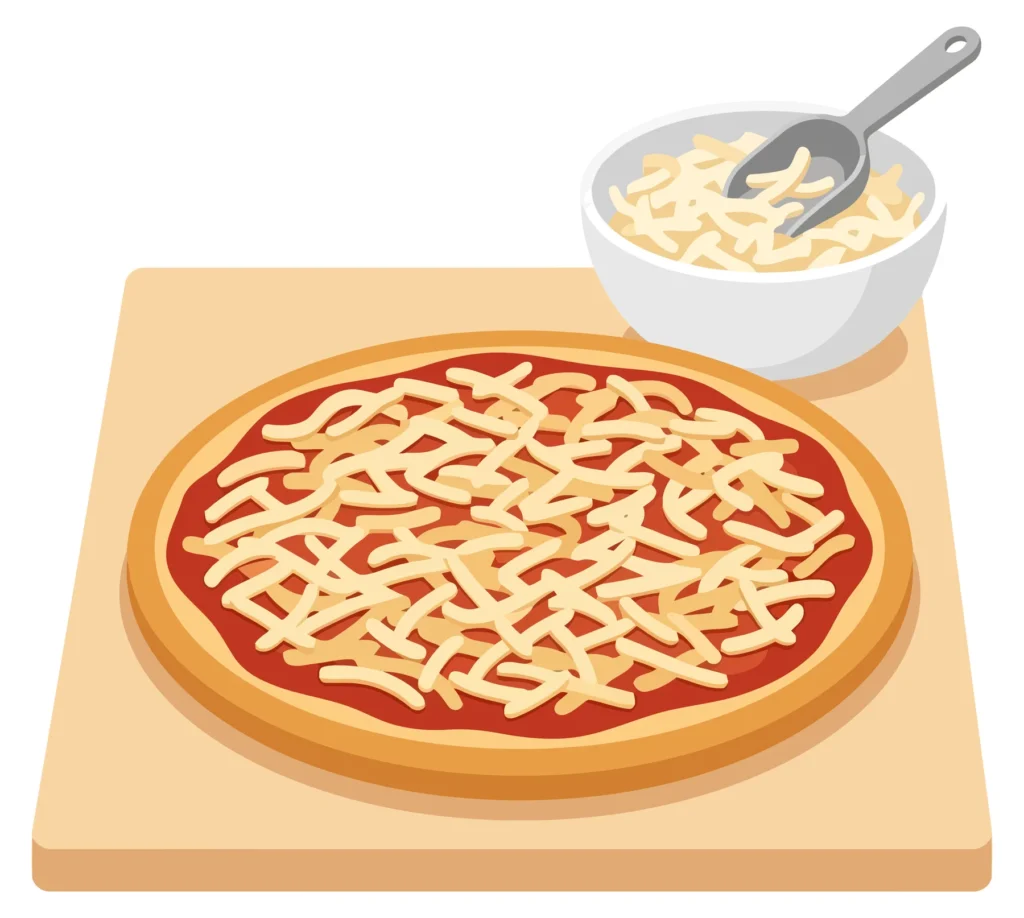 unbaked pizza with tomato sauce and shredded cheese on a wooden board with a bowl of extra cheese and a scoop