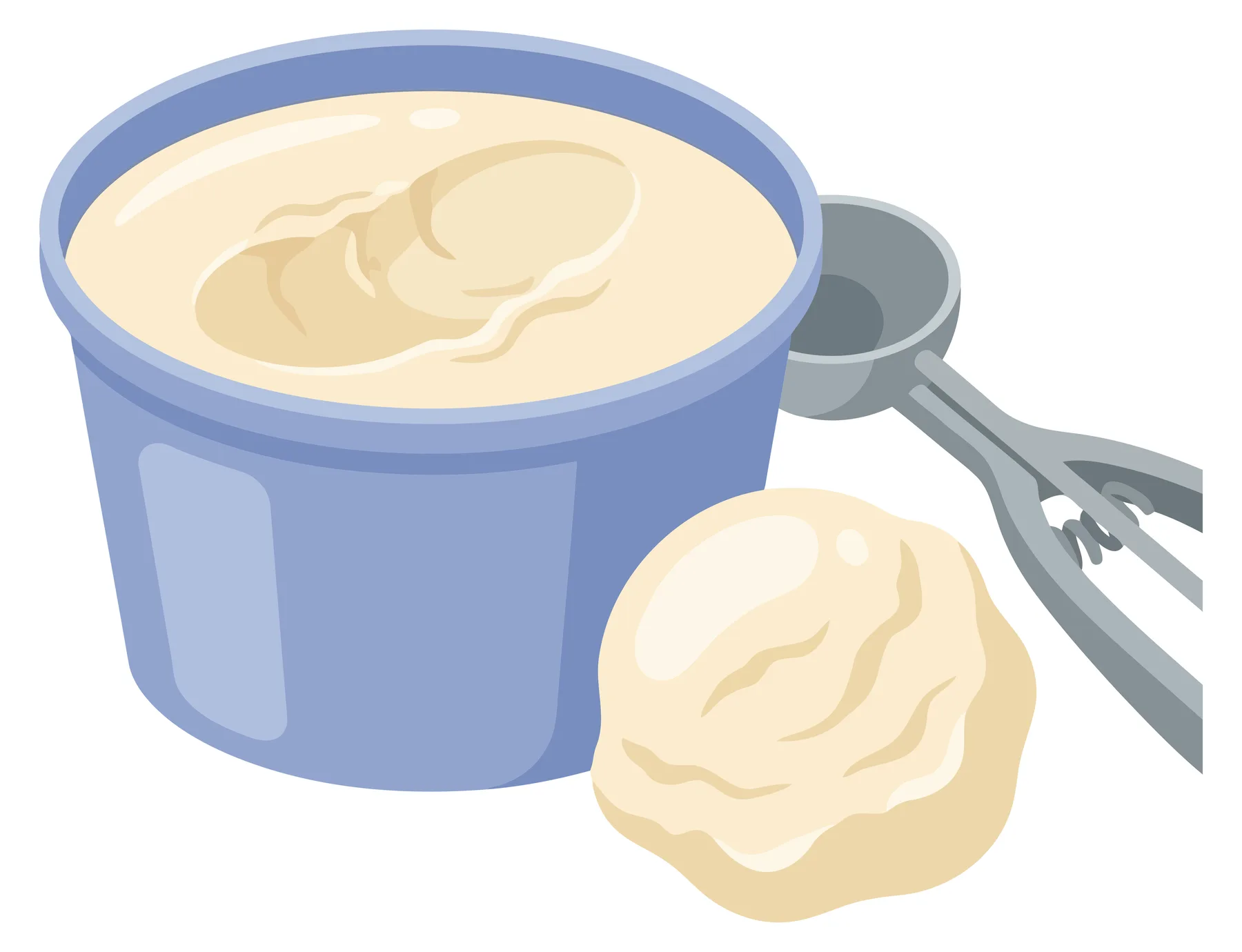 vanilla ice cream in a blue tub with a scoop isolated on white background