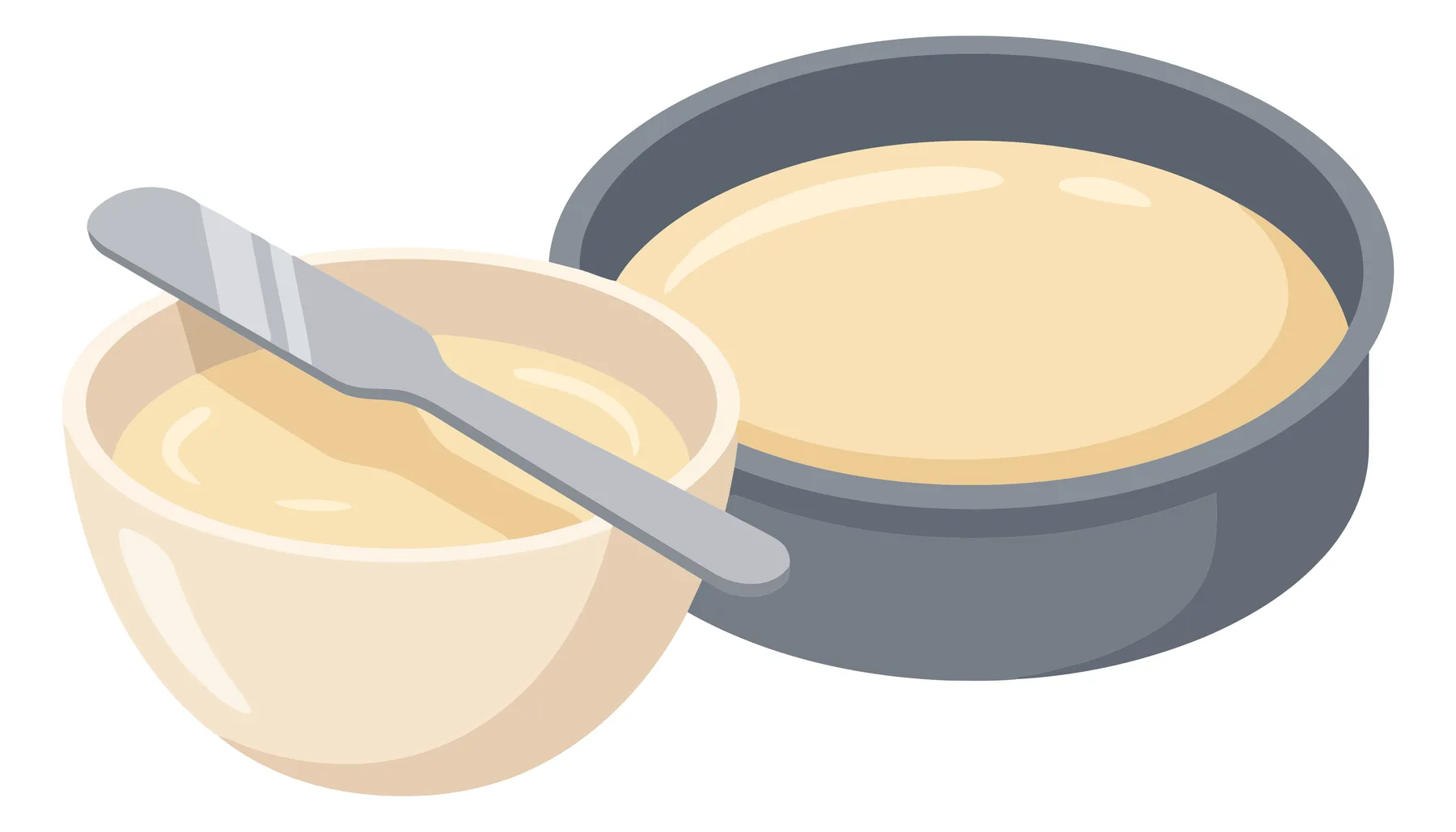 vector illustration of a bowl with batter and a spreading knife next to a round cake pan filled with cake batter, isolated on white backgrou