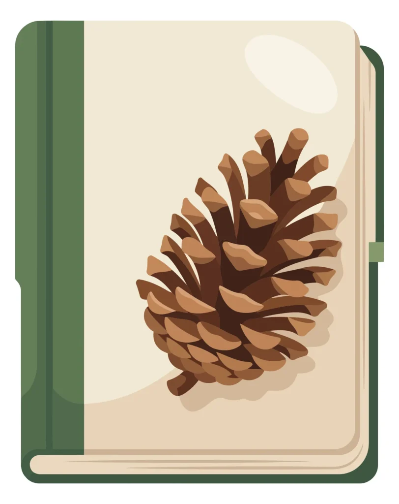 vector illustration of a closed book with a brown pine cone on the cover, featuring a minimalist design with a green spine and creamcolored