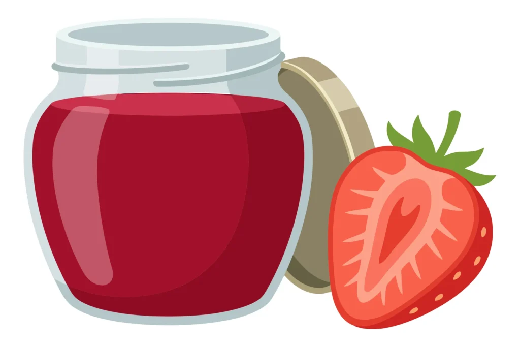 Vector Illustration Of A Glass Jar Filled With Delicious Strawberry Jam Next To A Fresh Halved Strawberry, Perfect For Food Packaging, Label vector illustration of a glass jar filled with delicious strawberry jam next to a fresh halved strawberry, perfect for food packaging, label