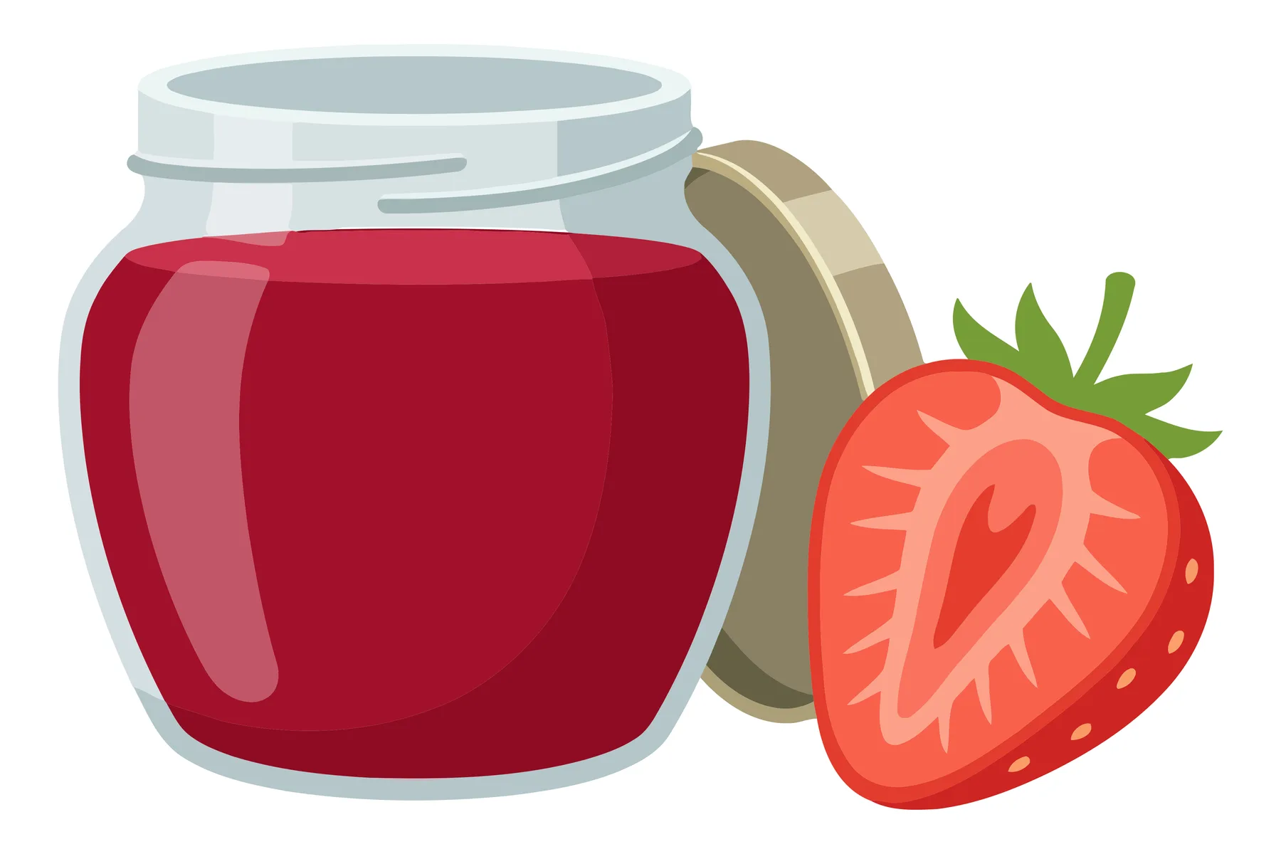 vector illustration of a glass jar filled with delicious strawberry jam next to a fresh halved strawberry, perfect for food packaging, label