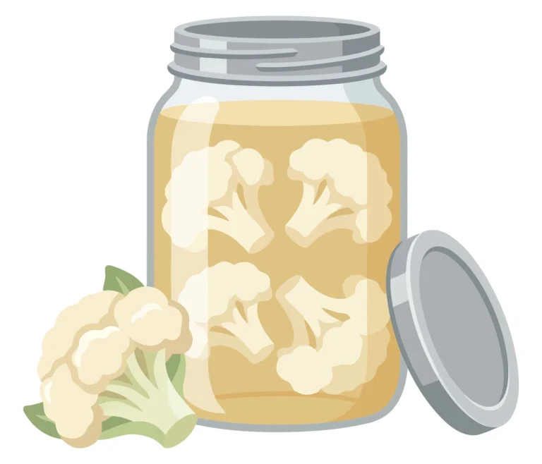 vector illustration of a glass jar filled with pickled cauliflower florets and a fresh cauliflower head isolated on white background