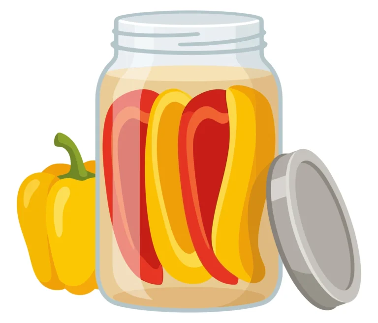 vector illustration of a glass jar filled with pickled red and yellow bell pepper slices, accompanied by a fresh whole yellow bell pepper, i