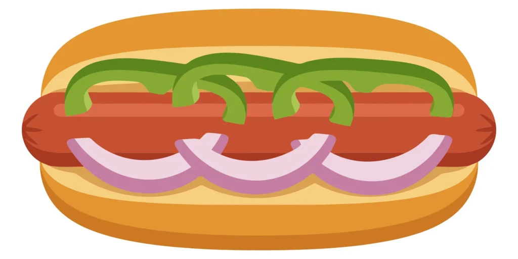 vector illustration of a hot dog in a bun topped with fresh green jalapeo slices and sliced red onion rings, classic fast food snack