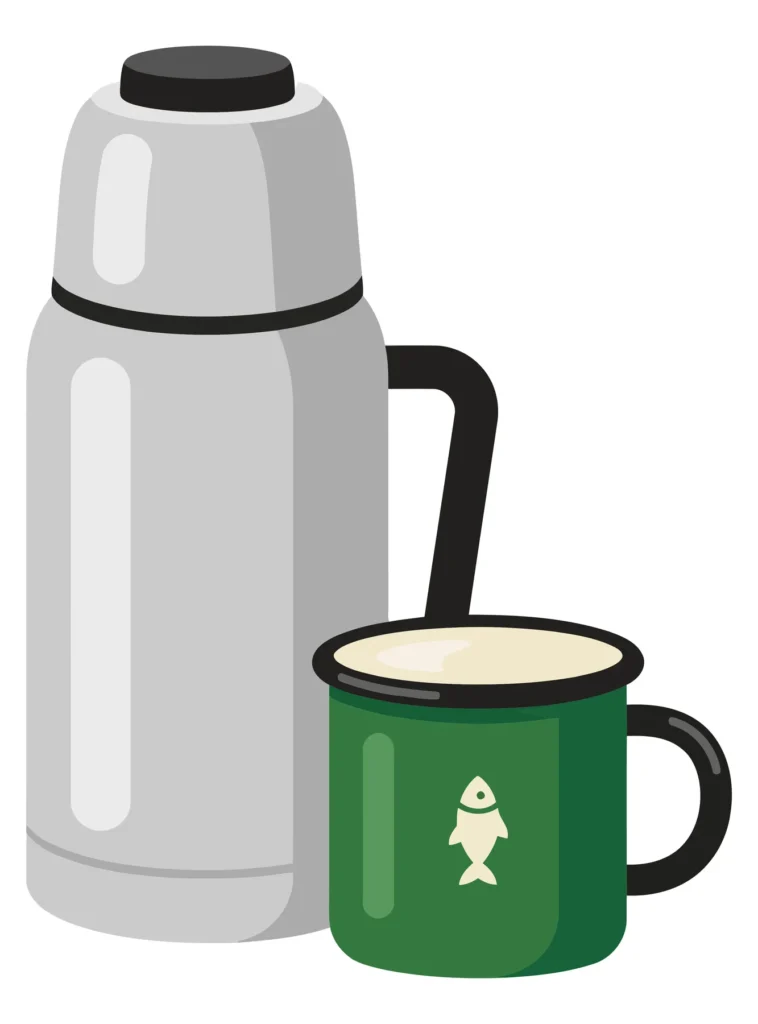 vector illustration of a metallic thermos and a green camping mug with a fish icon, isolated on white background