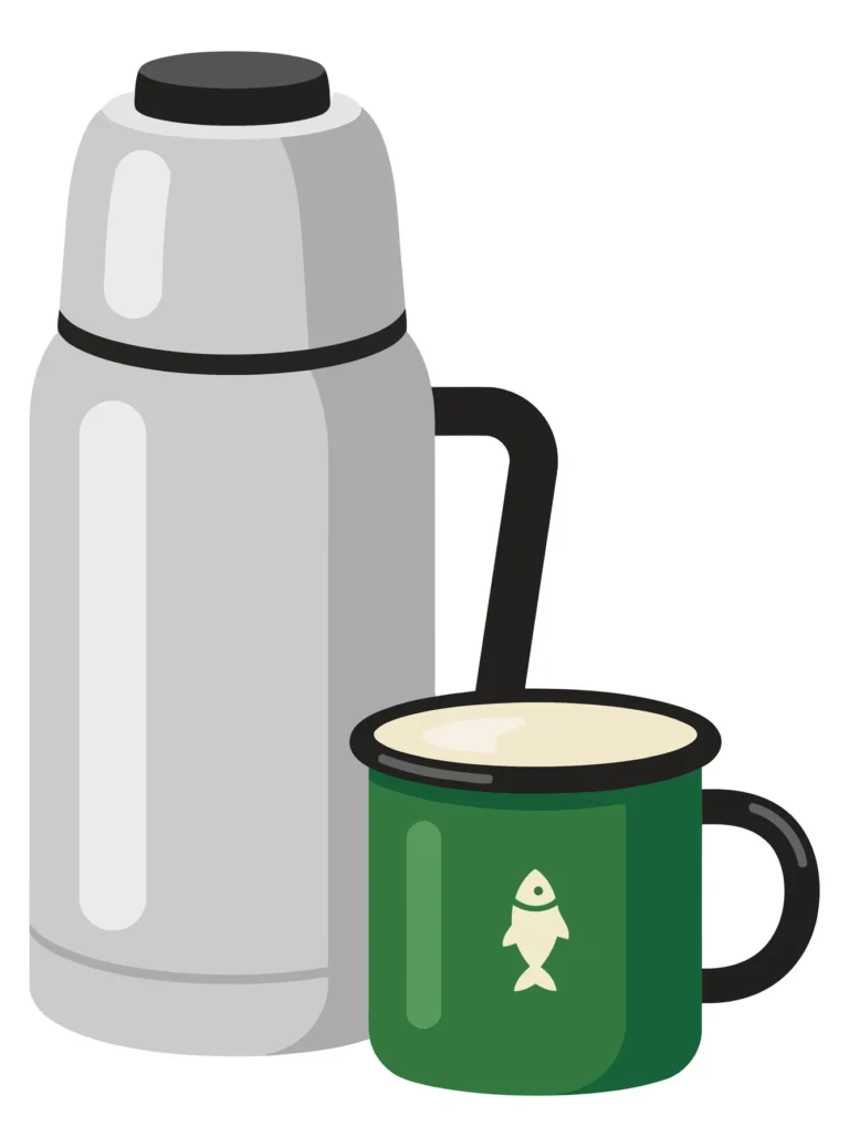 Metallic Thermos and Green Camping Mug with Fish Icon
