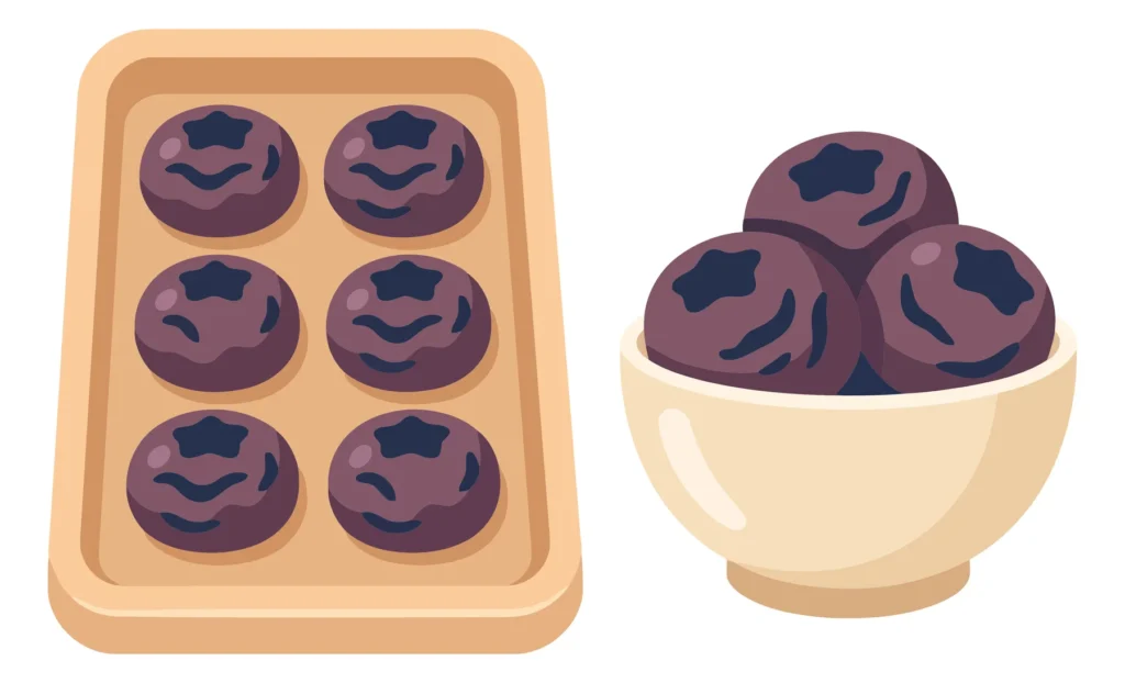 vector illustration of dark purple round dried fruits or plums on a wooden tray and in a bowl isolated on white background
