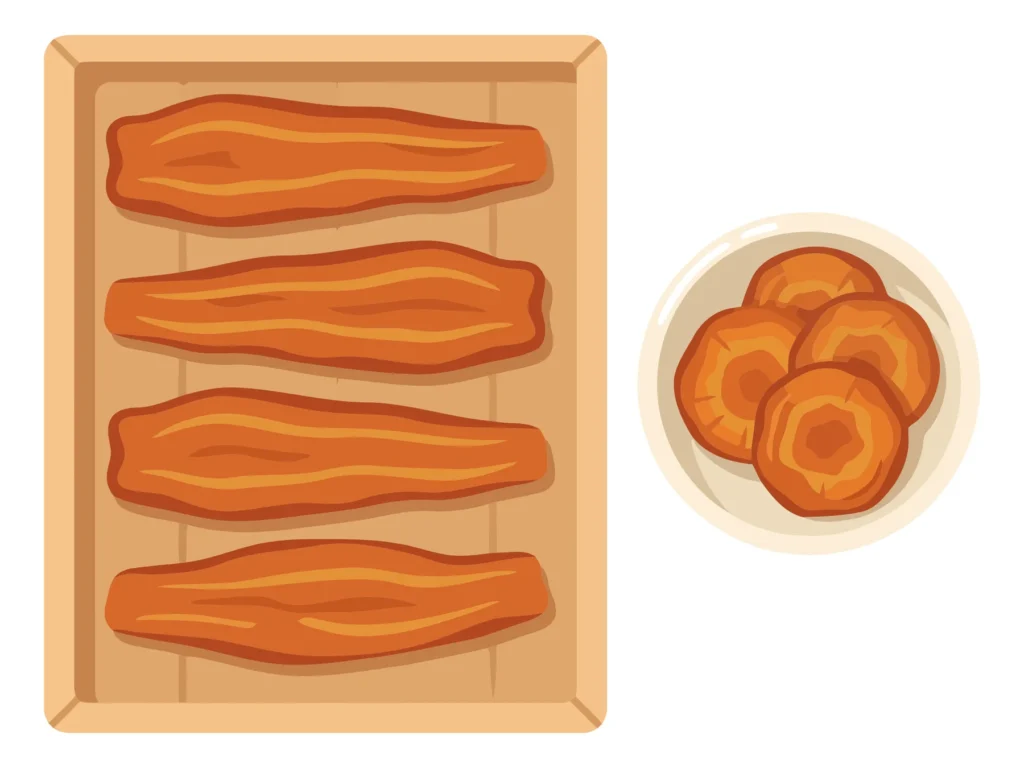 vector illustration of long orange dried sweet potato strips on a wooden tray and slices in a bowl isolated on white background