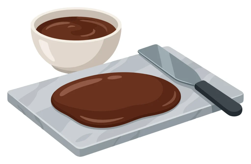 vector illustration of melted chocolate in a bowl and on a marble slab with a metal spatula for tempering or confectionery work