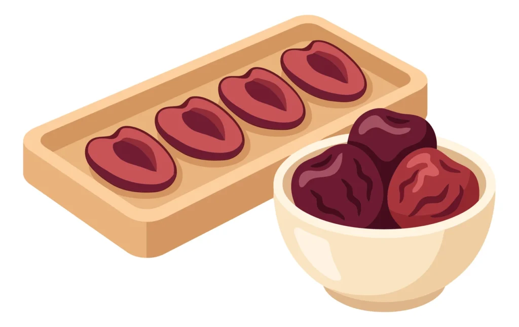 vector illustration of sliced red dates or jujube on a wooden tray and whole fruits in a bowl isolated on white background