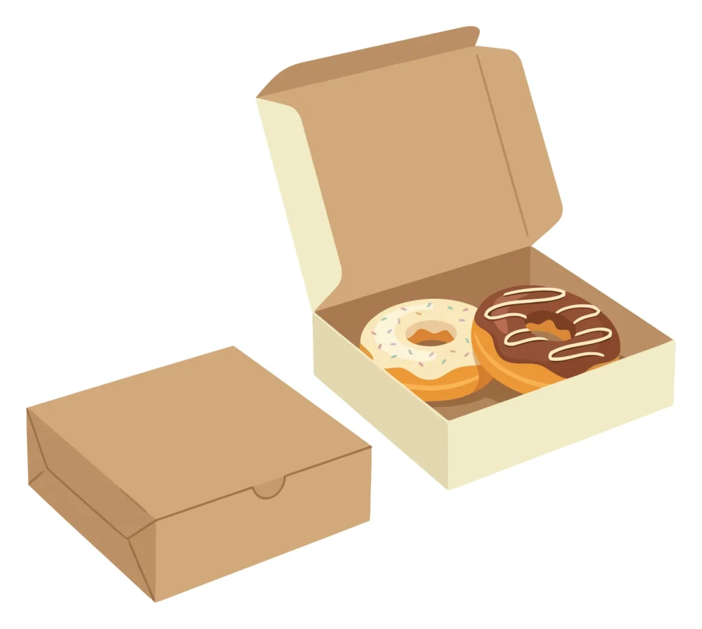 vector illustration of two donuts in an open cardboard box and a closed box next to it, perfect for bakery or dessert shop branding and menu