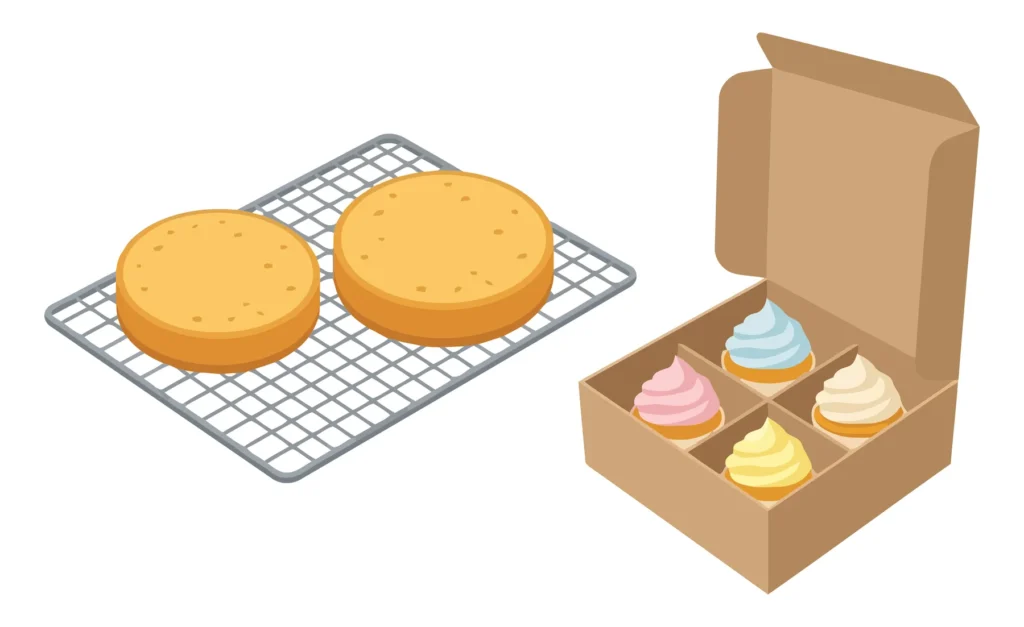 Vector Illustration Of Two Round Cakes Cooling On A Wire Rack And A Cardboard Box Containing Four Colorful Frosted Cupcakes vector illustration of two round cakes cooling on a wire rack and a cardboard box containing four colorful frosted cupcakes