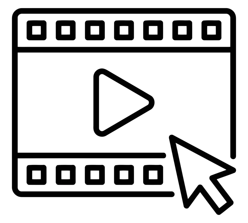 video play click icon, film strip player with mouse cursor arrow line symbol