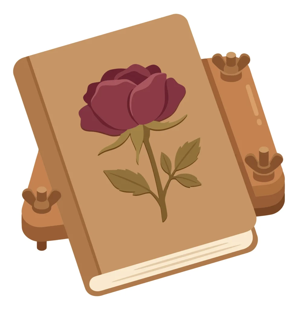 Vintage Book With A Dark Red Rose Illustration On The Cover, Placed Inside A Wooden Book Press, Flat Vector Illustration vintage book with a dark red rose illustration on the cover, placed inside a wooden book press, flat vector illustration