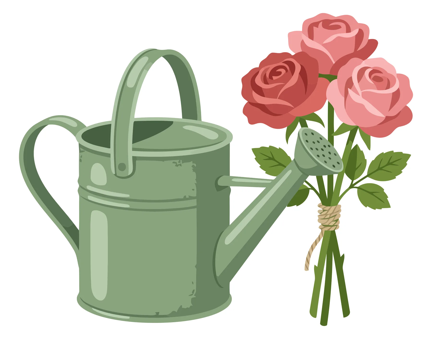 vintage green metal watering can next to a beautiful bouquet of fresh pink and red roses tied with twine isolated on white background