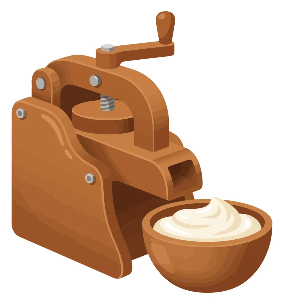 Vintage Wooden Handcranked Butter Churn Or Cream Press Machine With A Bowl Of Fresh Whipped Cream, Rustic Kitchen Tool Illustration vintage wooden handcranked butter churn or cream press machine with a bowl of fresh whipped cream, rustic kitchen tool illustration
