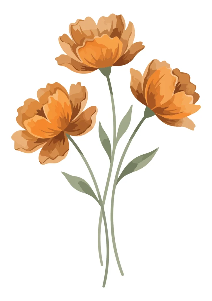 watercolor illustration of a bouquet of orange peony flowers with green leaves