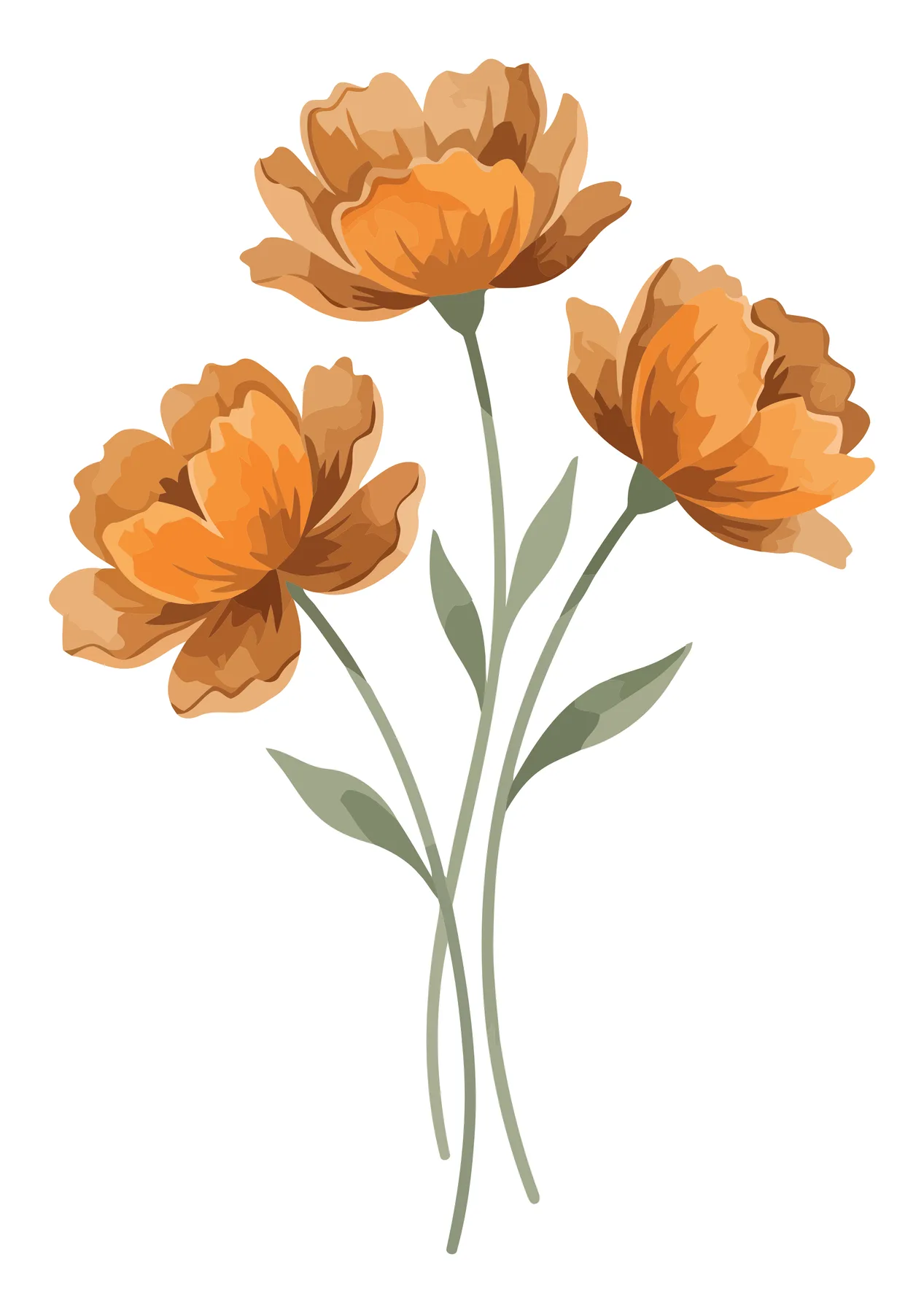 Watercolor Bouquet of Orange Peony Flowers with Green Leaves