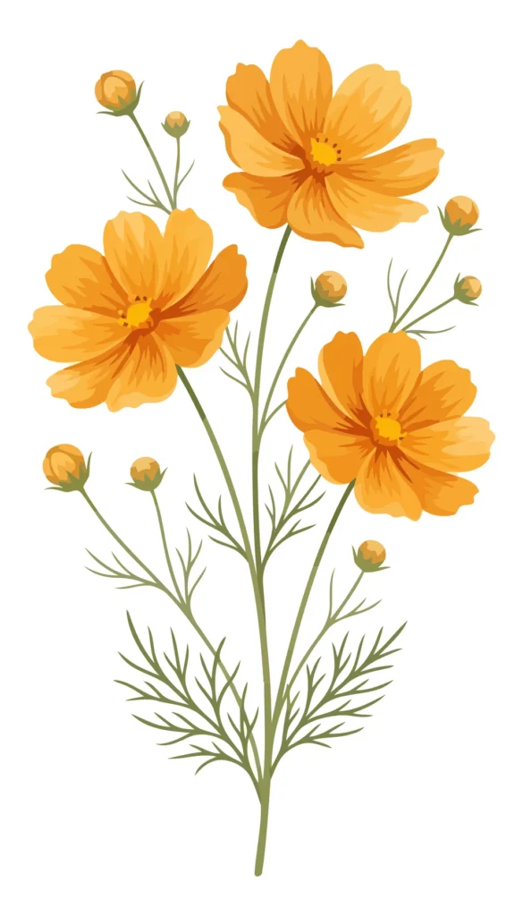 watercolor illustration of orange cosmos flowers with buds and leaves on stem