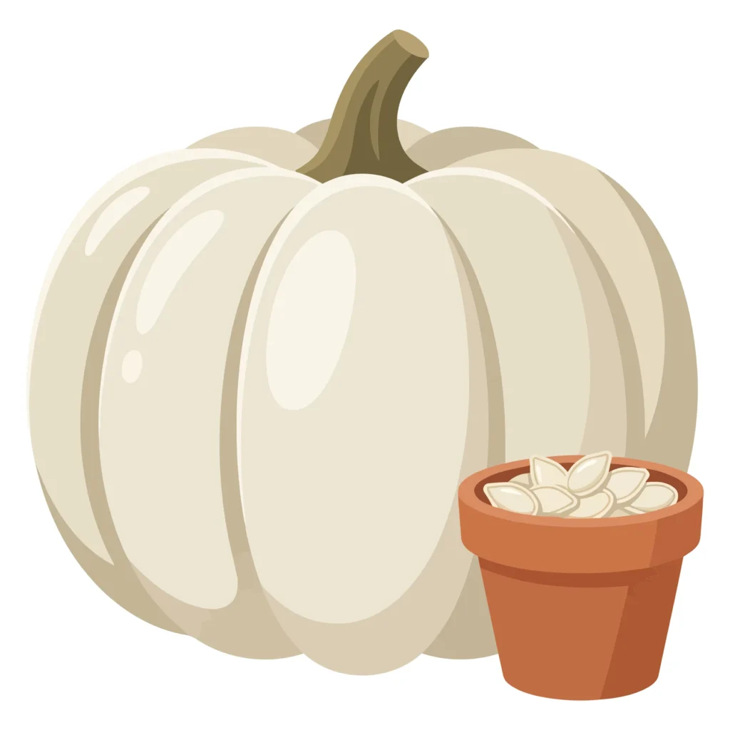 white pumpkin with a terracotta pot filled with pumpkin seeds isolated on white background