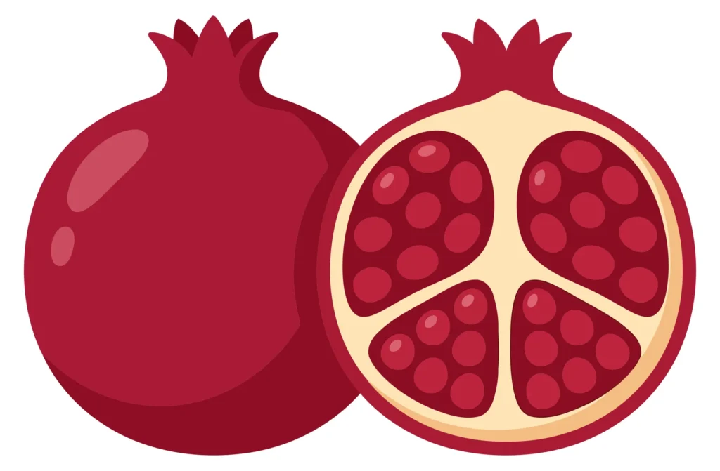 whole and halved fresh pomegranates isolated on white background