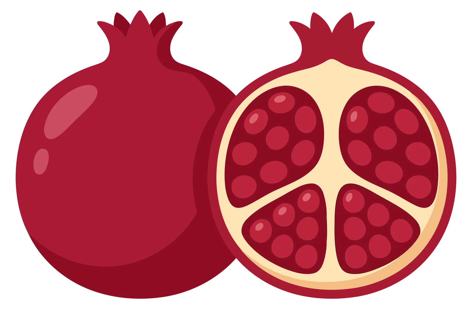 whole and halved fresh pomegranates isolated on white background