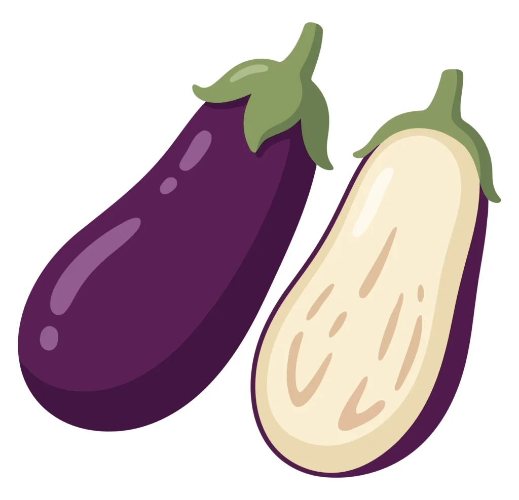 whole and sliced eggplant vegetable illustration, fresh purple aubergine with green stem, healthy organic food, flat vector design element f