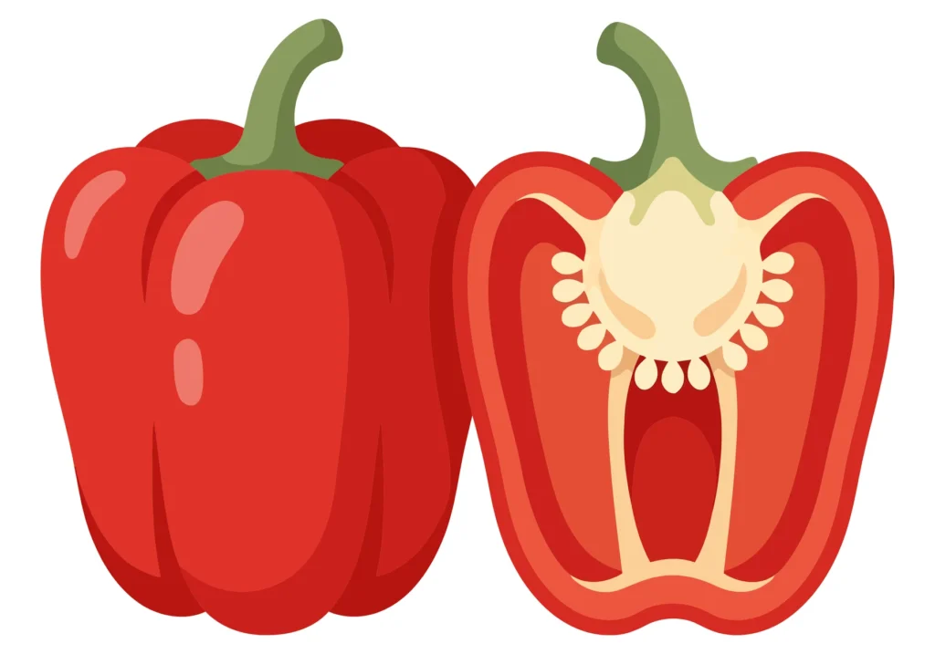 whole and sliced red bell pepper isolated on white background