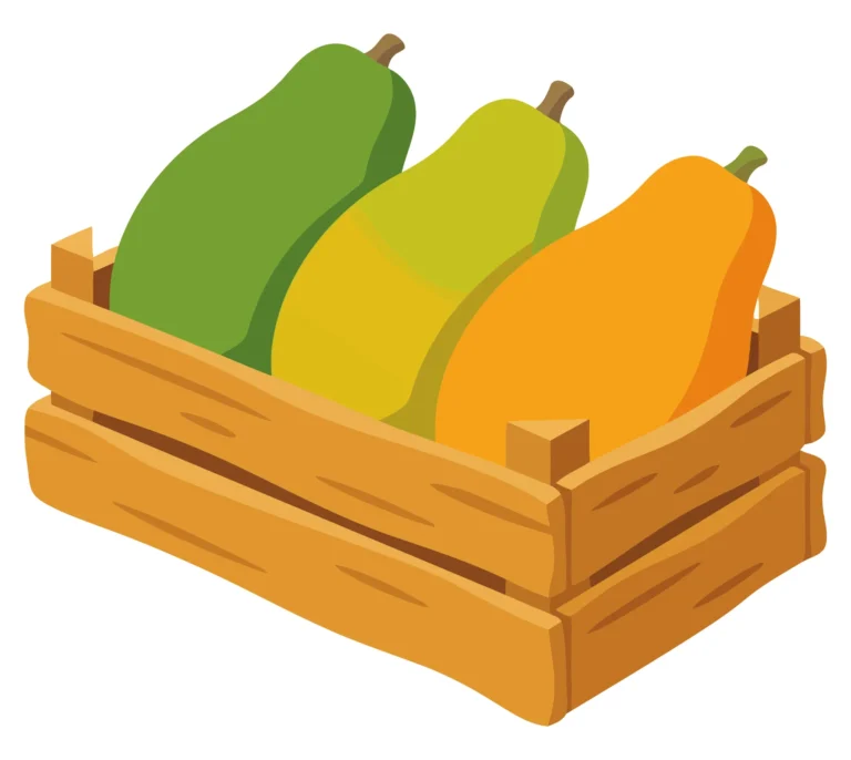 whole papayas of different ripeness stages in a wooden crate vector illustration