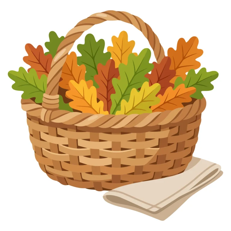 Wicker basket with colorful autumn oak leaves