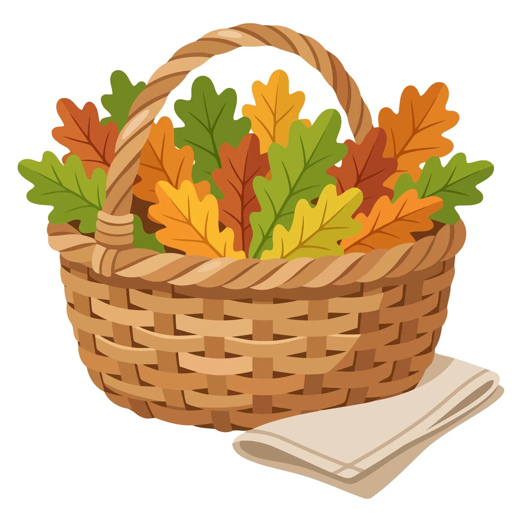 wicker basket filled with colorful autumn oak leaves, seasonal fall foliage arrangement, rustic harvest decor, thanksgiving and autumn celeb